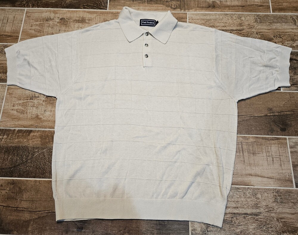 Paul Fredrick Mens Silk Knit Polo Sweater Large L Beige Off White Grid NWT